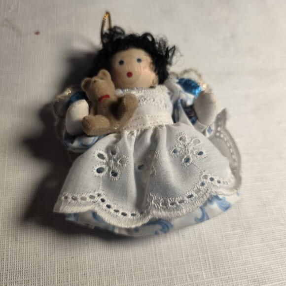 VINTAGE Wooden Face GIRL FIGURE DOLL Angel With Bear ORNAMENT Handmade - Picture 2 of 4